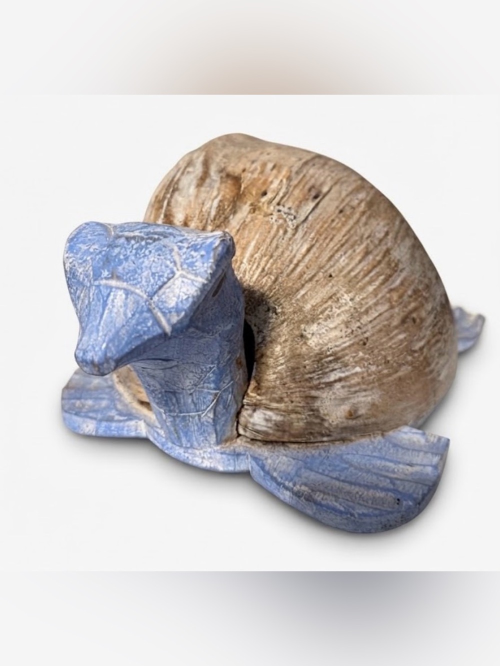 Whitewashed Blue Wood and Coconut Shell Sea Turtle Figurine